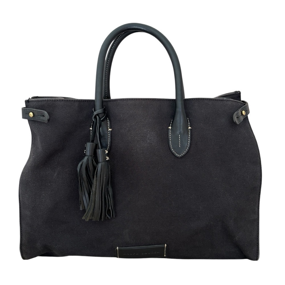Ralph Lauren Black Leather Handle Tassel Charm Large Canvas Tote Bag